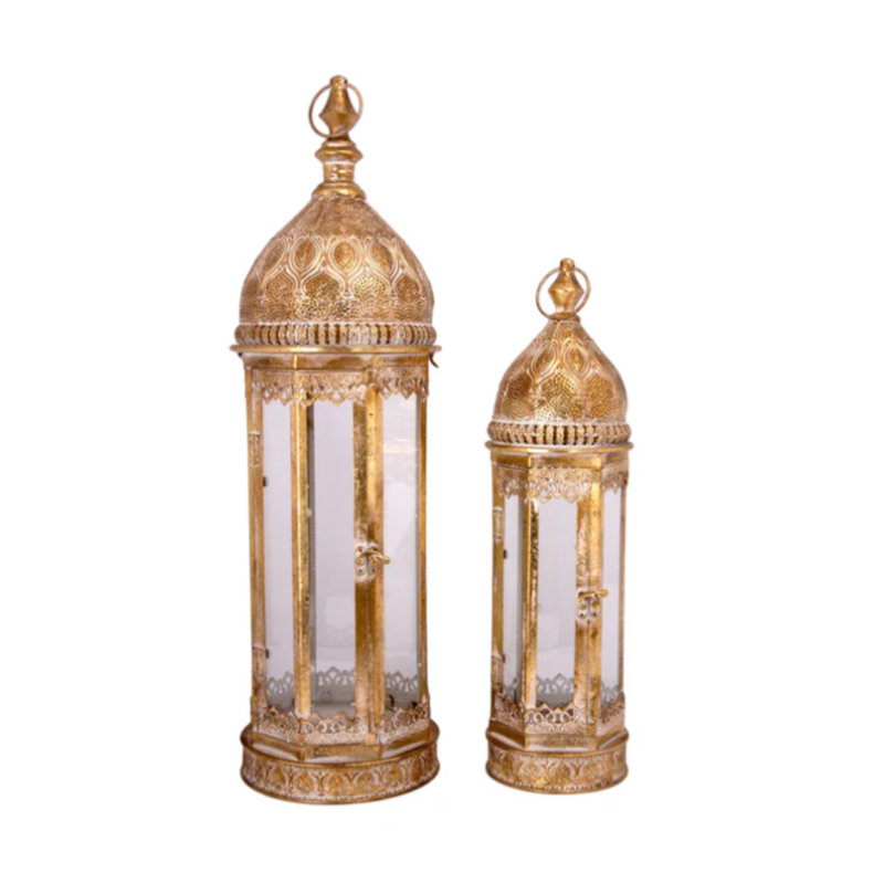 Iron Glass Metal Lantern Gold, Gold, 28.25" H x 8.25" W x 8.25" D