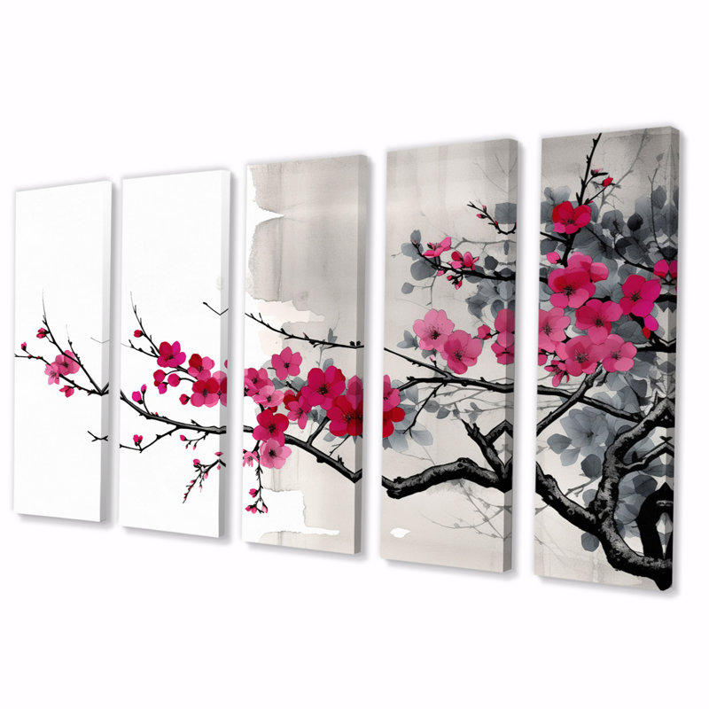 «Asian Art Sumi Blossom II», reproduction d'art sur toile asiatique - 5 panneaux égaux