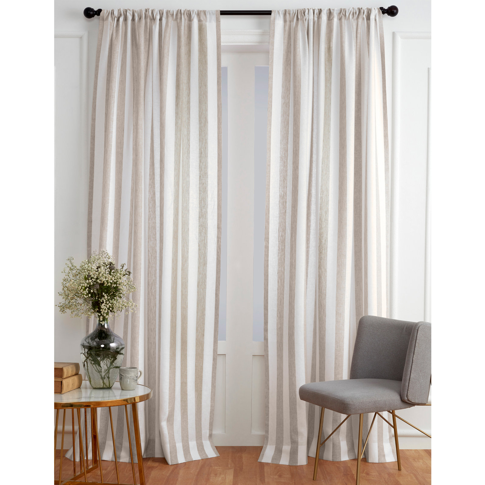Striped Pure Linen Semi-Sheer Curtain Panel, 52" W x 108" L, Natural and White