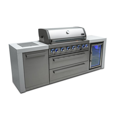 Îlot de cuisine de luxe en acier inoxydable de luxe Mont Alpi l 94 po x P 23 po x H 46 po avec réfrigérateur et barbecue à 6 brûleurs de 44 po + brûleur latéral + comptoirs en granite + armoires et tiroirs de rangement + couvercle + convertible au gaz naturel + Garantie à vie