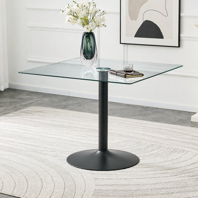 Table de salle à manger 38,5 pouces moderne minimaliste carrée en verre avec base en métal à une colonne. Disponible en noir, or ou argent. Table de salle à manger à domicile. Convient pour 2 à 4 personnes.