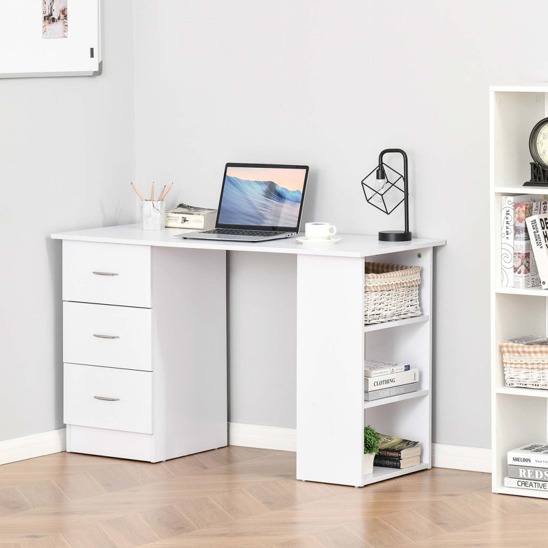 47" Modern Home Office Computer Desk Bookcase Combo Writing Table Workstation with 3 Drawer and Storage Shelf - White