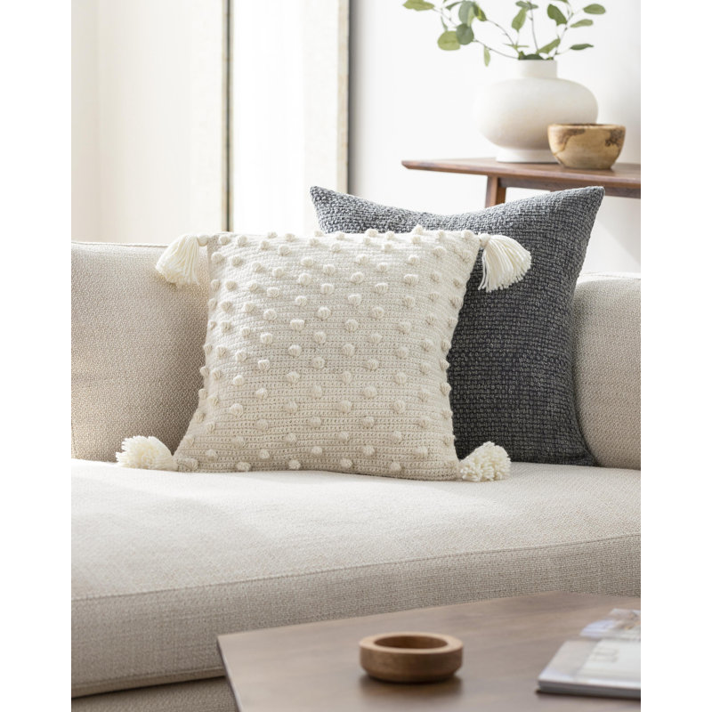 Makrome Dots Wool Blend Reversible Throw Pillow, Ivory, 20"H x 20"W, Down Blend