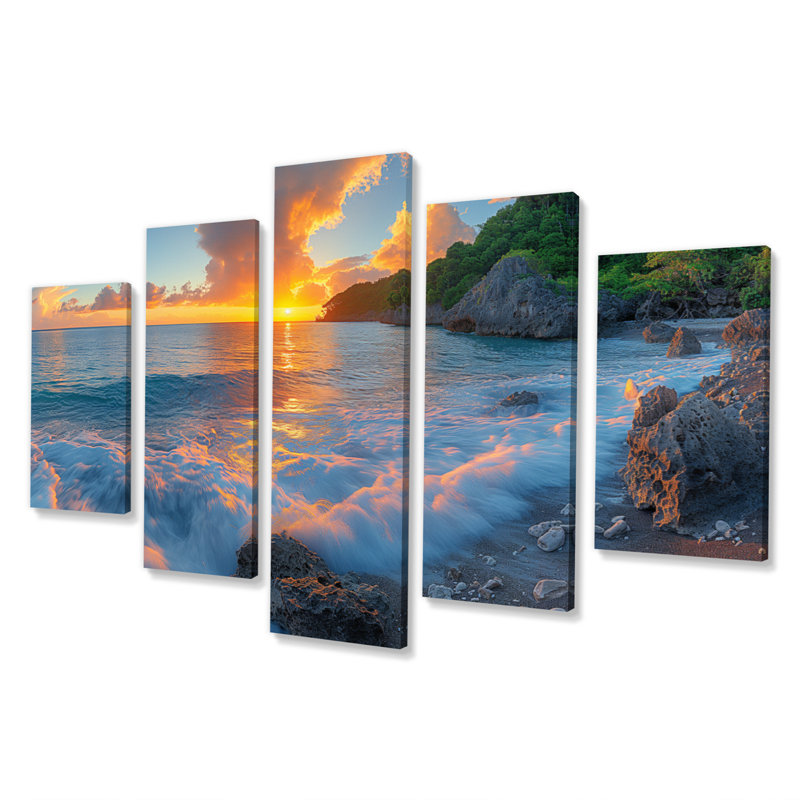 Photo panoramique de la plage rocheuse au lever du soleil II - ensemble d'art sur toile plage