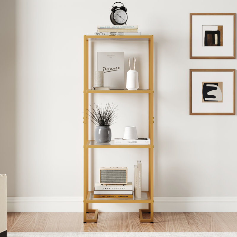 4-tier Glass Bookshelf, Tempered Glass Display Shelf, Modern Open Shelf Bookshelf, Slim Shelving Unit Bookcase For Living Room, Home Office, Bedroom, Golden