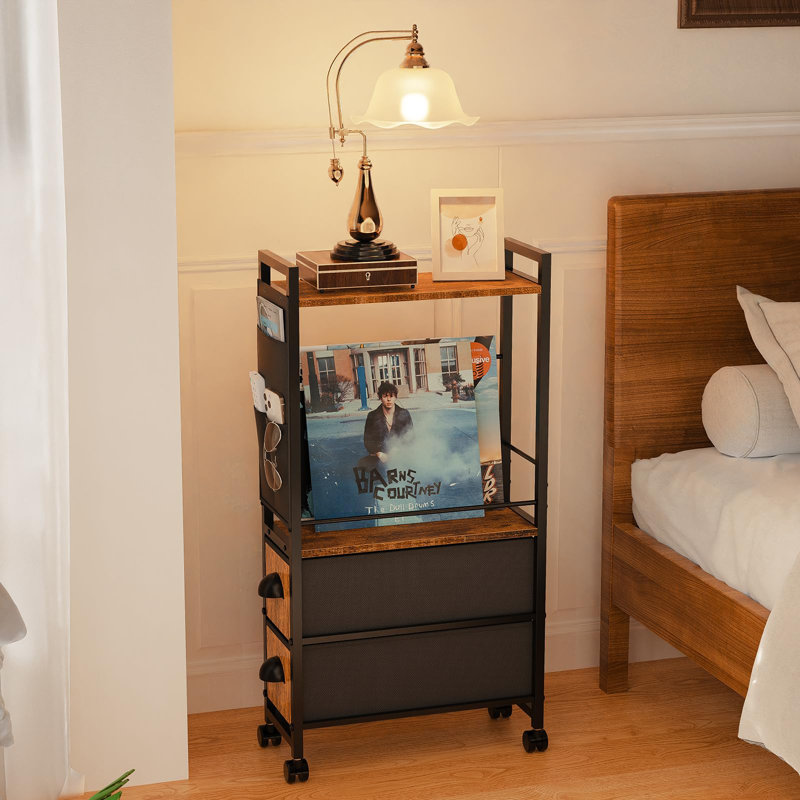 Rustic Narrow Side Table With 5 Storage Units, Slim Nightstand With Drawers, Shelves, And Pocket For Bedside Or Sofa, 7''D X 17''W X 35''H
