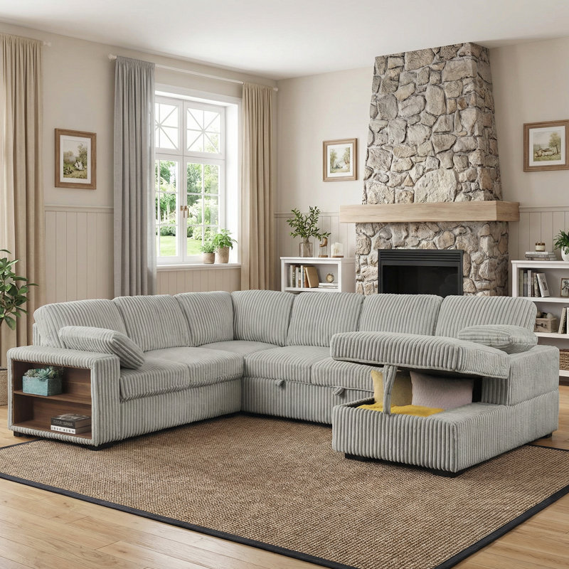 118" W Convertible Modular Sectional Sofa Bed Oversized Corduroy Pull-Out Sleeper Couch With Side Storage Shelves & Corner & Chaise Set