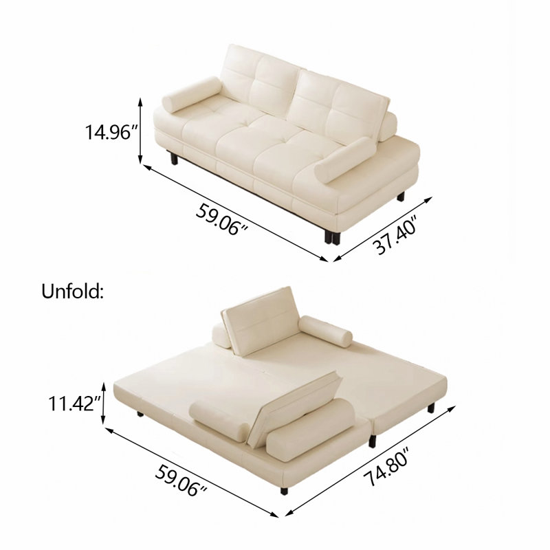 Canapé-lit en cuir crème avec coussins, H 14,96 po x l 59,06 po x P 37,40 po