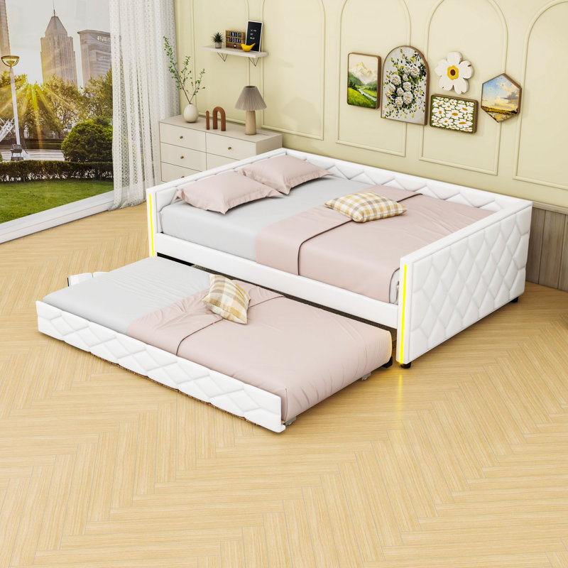 Full XL PU Upholstered Daybed with LED Light Armrests and Pull-Out Twin Trundle