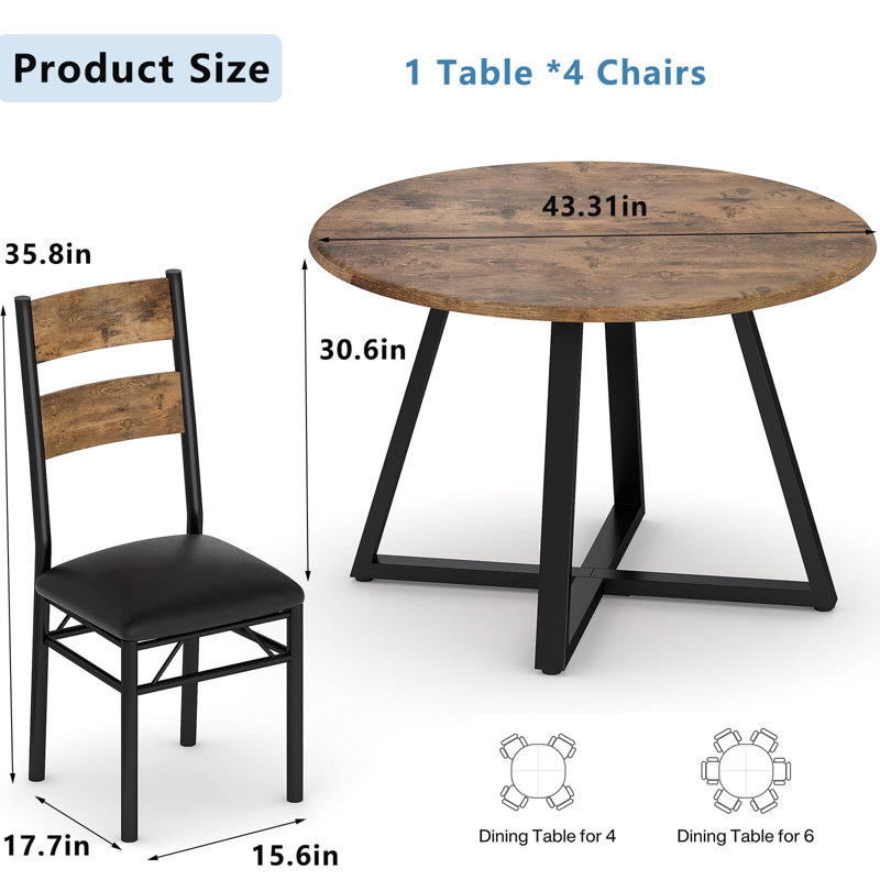 Ensemble table et chaises de salle à manger rondes 5 pièces pour 4 personnes, table de cuisine de 107 cm (42,1 po) avec 4 chaises de salle à manger à dossier haut