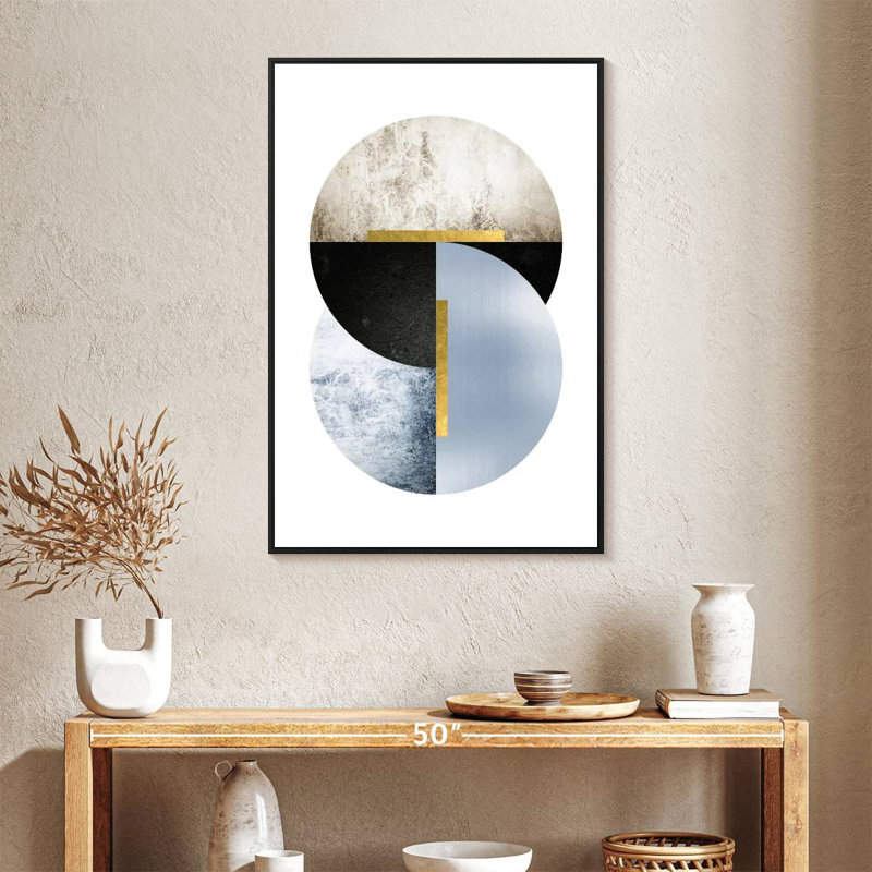 Bleu, beige, noir, géo, 25 po x 37 po, Cadre flottant noir
