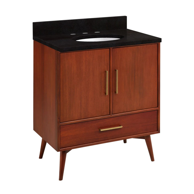 30" Novak Single Bathroom Vanity Set with Oval Undermount Sink, Natural Teak, 8" Widespread, Feathered White Quartz