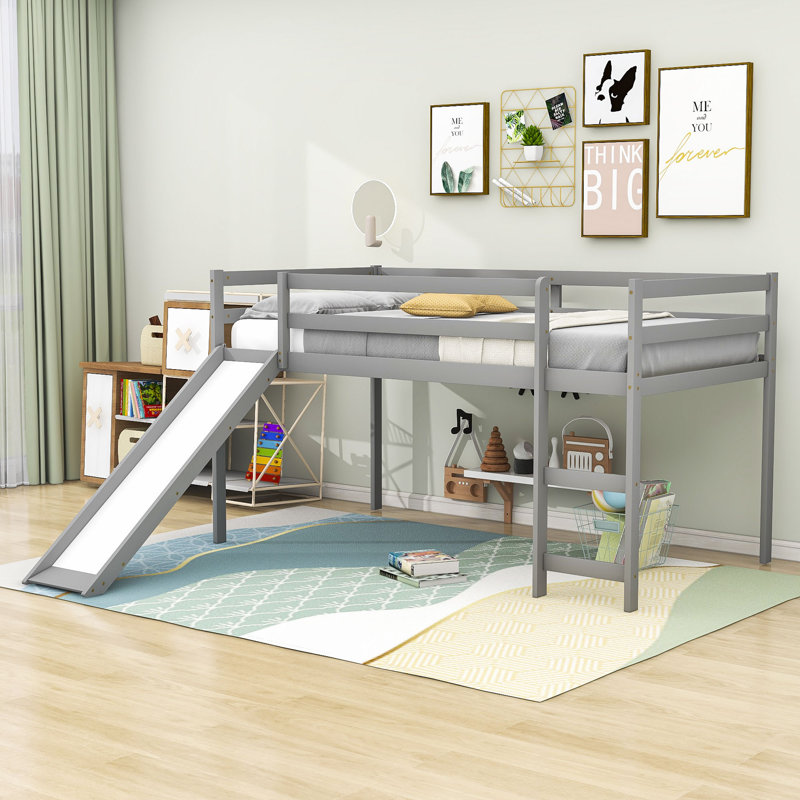Twin Wood Loft Bed With Slide & Ladder, Gray, Full
