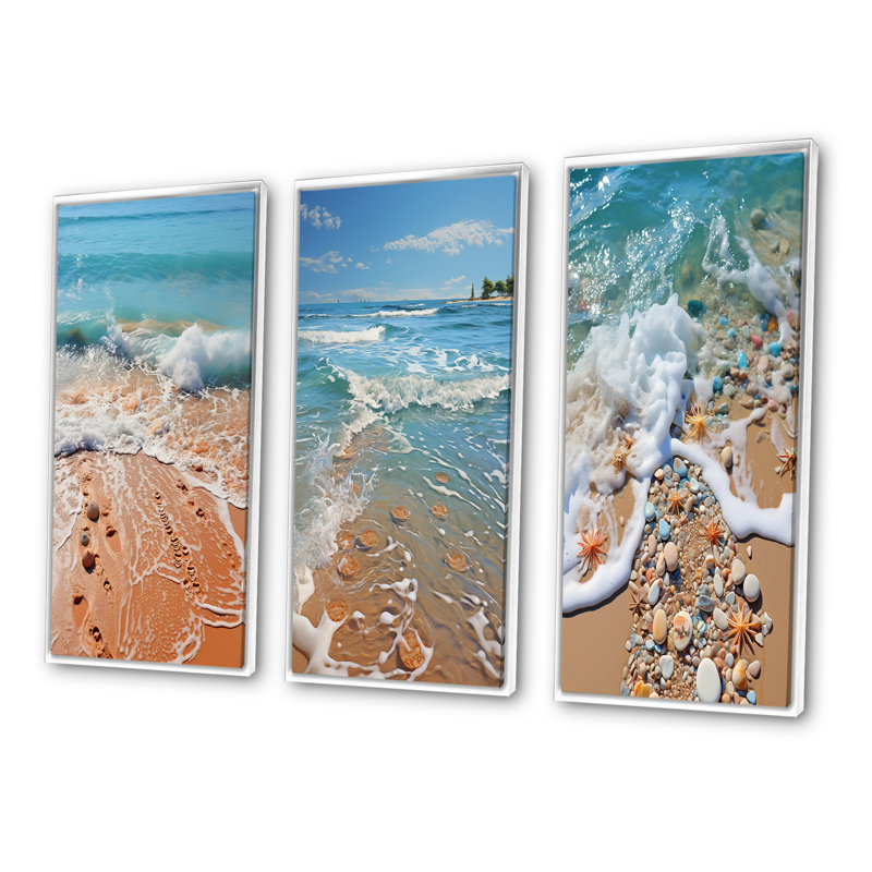 «Turquoise Beach Seashell», 3 pièces sur toile, Cadre blanc, H 40 po x l 60 po