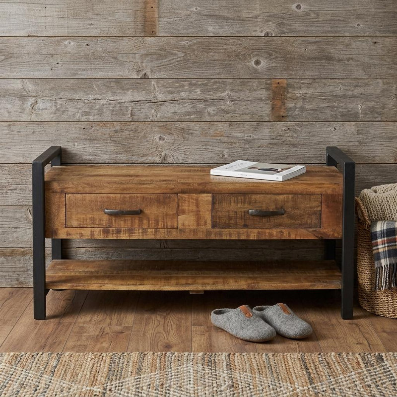 Banc de rangement en bois massif vieilli 46 po avec tiroirs 46 po
