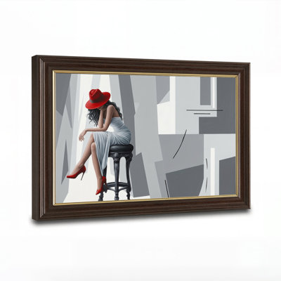 Woman in Red Hat and Red Shoes Seated on Black Stool Canvas Wall Art