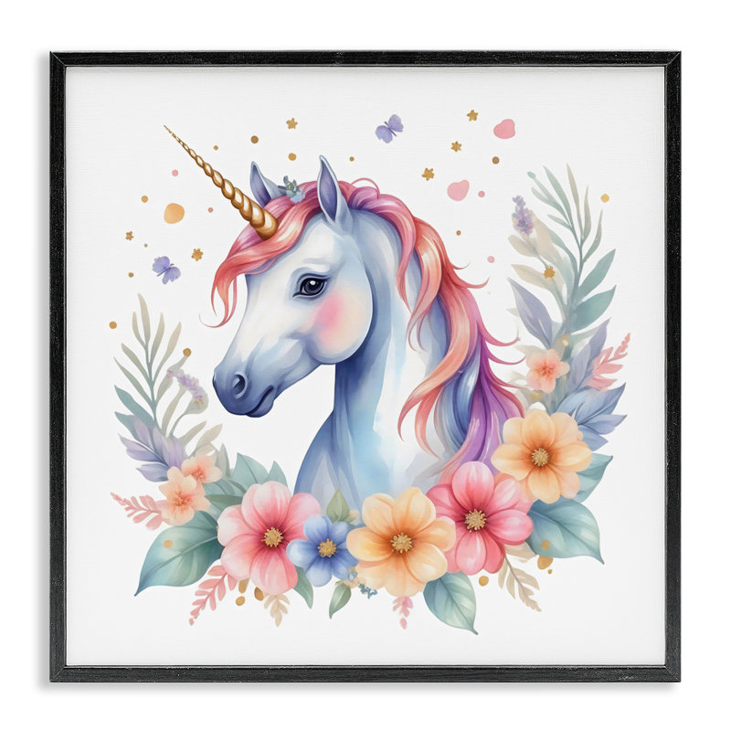 Giclée encadrée de licorne colorée avec des fleurs, design by Creative Studio, Giclée encadrée noir minuit, H 12 po x l 12 po