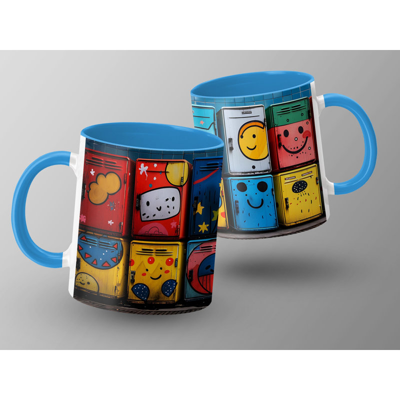 Set of 2 Kids Drawing Style 11oz Accent Mugs – Ceramic Coffee Cups with a Light Blue Handle and Interior