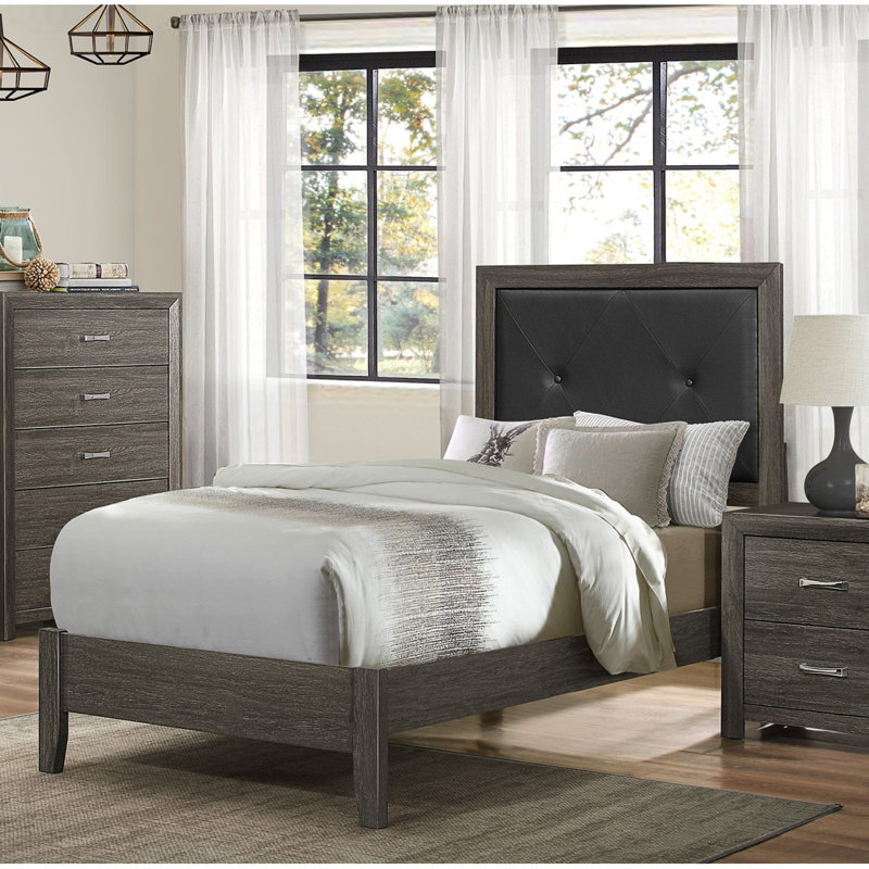 Formal Traditional Calinia Bed Frame With Headboard Tufted Platform Bed Upholstered Bed, Gray, Twin