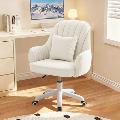 Mid‑Back Velvet Height Adjustable Swivel Vanity Desk Chair with Wheels for Home Bedroom, White