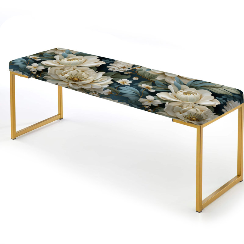 Beige And Green Natural Damask Serenity - Floral Upholstered Gold Bench