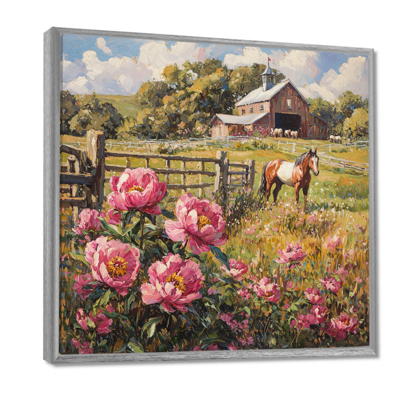 Croce pivoines par l'écurie cheval III - pivoines, art mural, H 16 po x l 16 po, Impression encadrée flottante, Argent argent