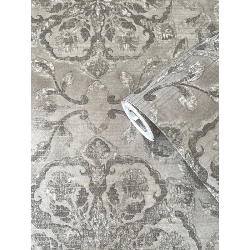 Elegance Collection Floral Stripe Shimmer Finish Wallpaper Roll, Gray