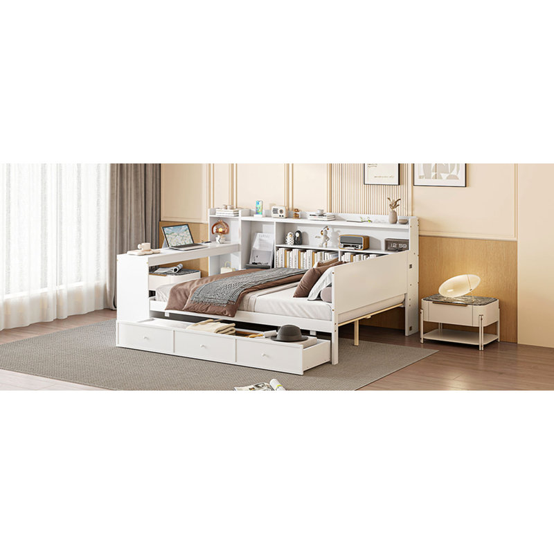 Lit de jour double en bois avec 3 tiroirs, ports USB et bureau, blanc
