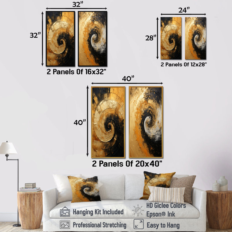 Or noir, mirage du désert en spirale - ensemble de 2 reproductions d'art abstrait en spirale, Toile tendue, H 40 po x l 41 po