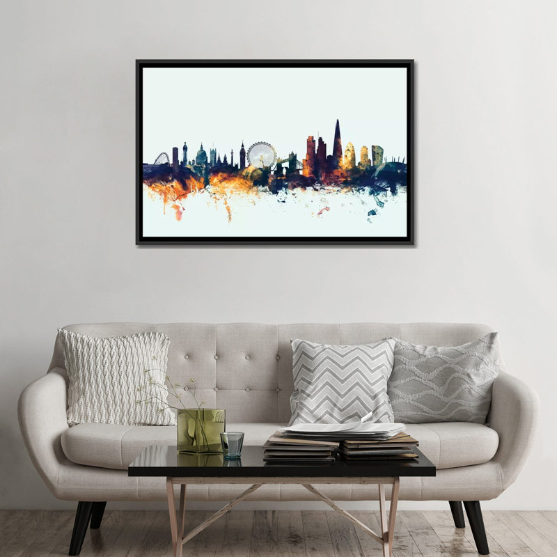 Skyline Series: Londres, Angleterre, Royaume-Uni I, impression sur toile tendue en bleu, Toile avec cadre noir, Pas de tapis
