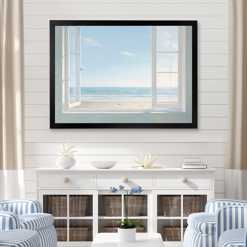 Coastal Windows Horizon II - Beach & Ocean Canvas Prints, H 16 po x l 32 po x P 1 po, Cadre simple noir