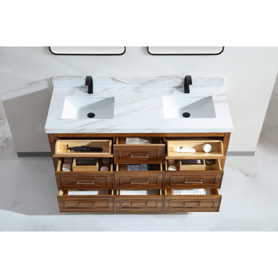 60" EBONY DOUBLE SINK VANITY DARK FINISH WITH WK-60D TOP 2" THICK TOP