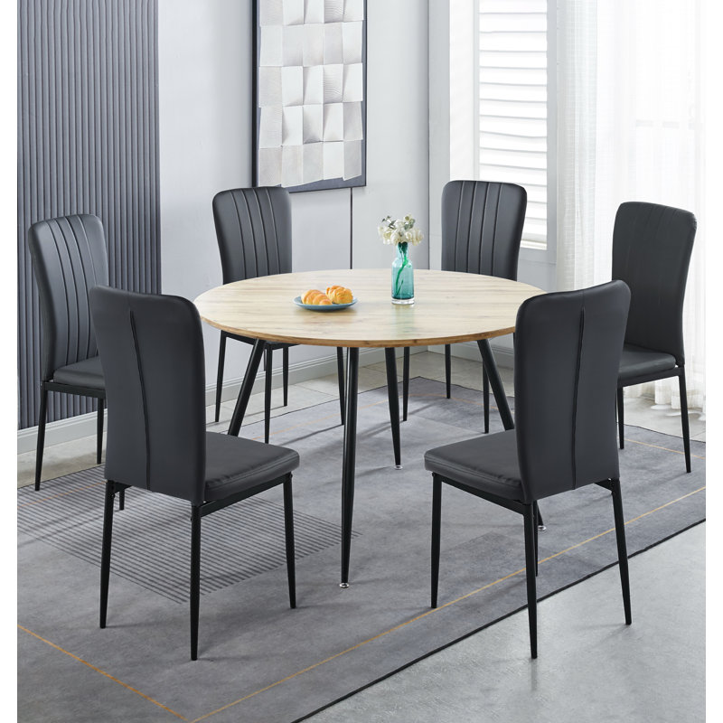 Cullompton Large Round Dining Table 120Cm, Marble Effect Top, With 6 Black Faux Leather High Back Chairs, Oak