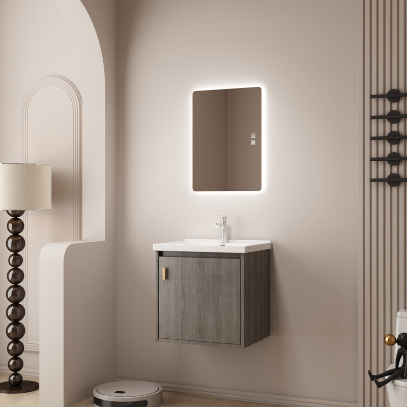 Petit meuble-lavabo mural 20 po avec lavabo en céramique, porte à fermeture en douceur (GreyWalnut)