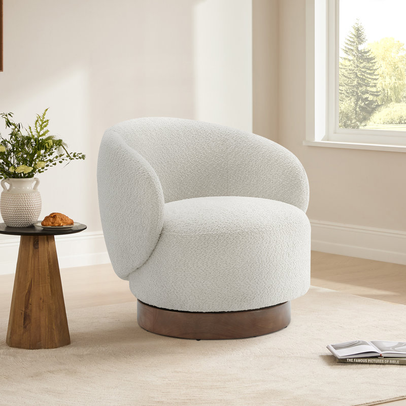 Modern Swivel Barrel Chairs With Wood Base, Cream