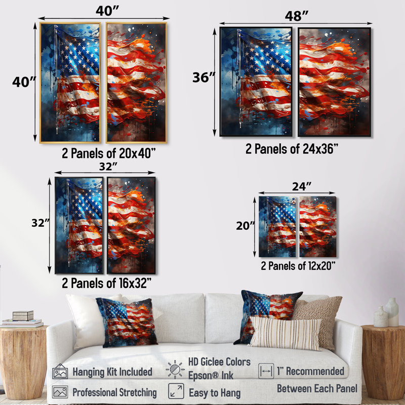 Drapeau moderne des États-Unis I - grand drapeau, impressions sur toile, 2 panneaux, Noir, noir, noir, noir