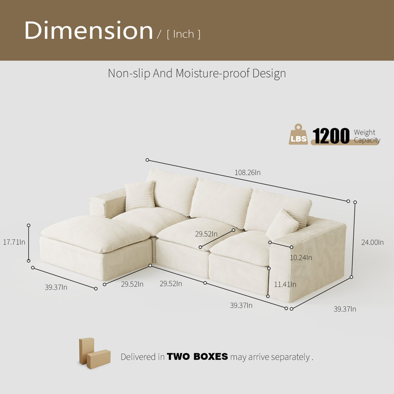 Canapé modulaire 108 po avec méridienne en forme de L, méridienne interchangeable de gauche à droite avec siège profond 108 po, canapé rembourré pour la chambre à coucher du salon, aucun assemblage requis, tissu moelleux en velours côtelé