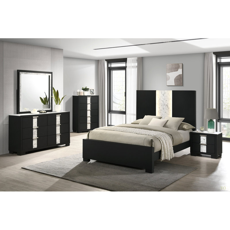 Mobilier de chambre à coucher contemporain 1pc, Très grand lit, Noir / blanc