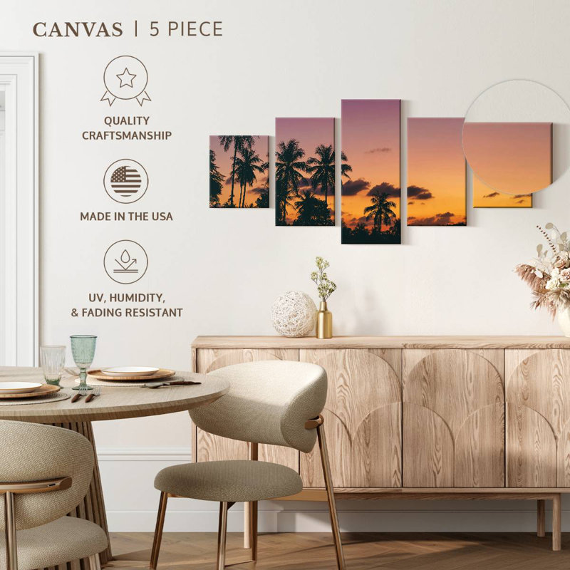 Silhouette de noix de coco au coucher du soleil, H 42 po x l 92 po
