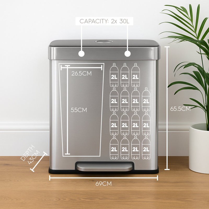Harbour Housewares - Stainless Steel Double Kitchen Pedal Bin - 60L (2 x 30L), Brushed 