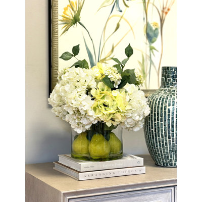 Hydrangeas Arranged in Glass Vase with Pears