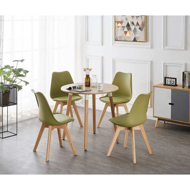 Sade 4 Person Dining Set - a Round Plastic Dining Table with Wooden Legs and a Set of 4 Faux Leather Cushion Padded Dining Chairs for Dining Room - Modern Dining Table Set