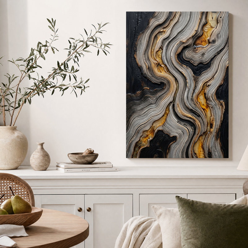 Tableau sur toile à grain de bois ondulé anthracite et résine ambrée, H 36 po x l 24 po
