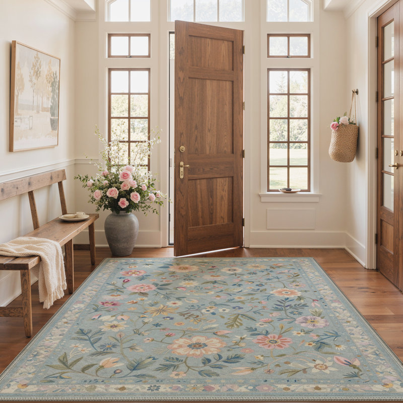 Tapis d'intérieur floral bleu / vert lavable à la machine avec envers antidérapant Abbey Blossom, Rectangulaire 8 pi x 10 pi