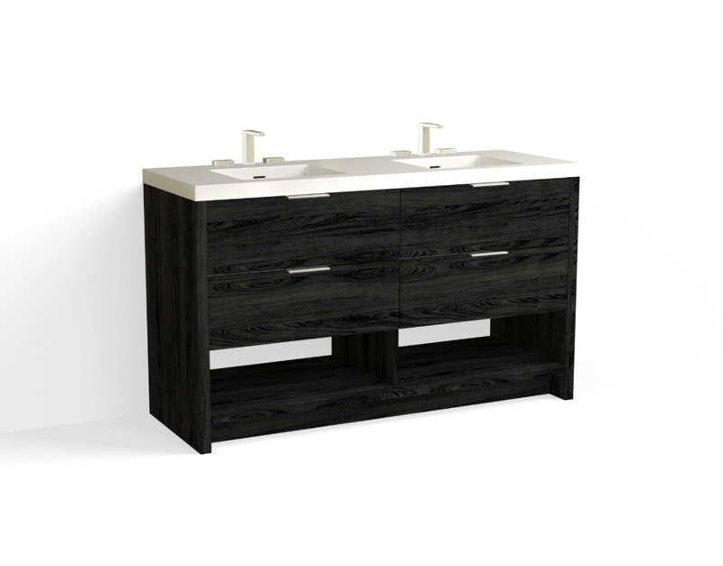 Vue 60" W Freestanding Double Bathroom Vanity, Matte White/8" Widespread, White Nanomatte, Satin Brass