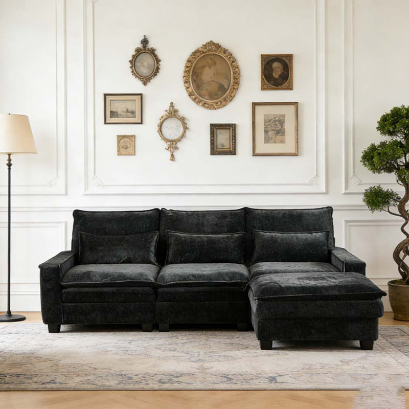 99'' Sectional Cloud Deep Seat Couch, Modern Comfy Chenille L Shaped Sectional Sof, Black