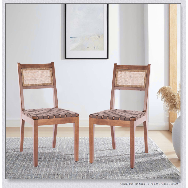 Chaises de salle à manger en rotin avec bandes tissées en cuir, confortables et élégantes pour les intérieurs modernes et rustiques, ensemble de 2