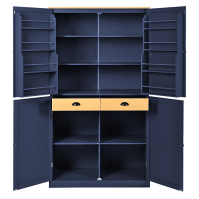 Garde-manger bleu autoportant avec 8 portes, 2 tiroirs et tablettes réglables pour une optimisation du rangement. Dimensions des tiroirs : 40,2 x 20 x 71,3 pouces. Amélioration de l'utilisation.