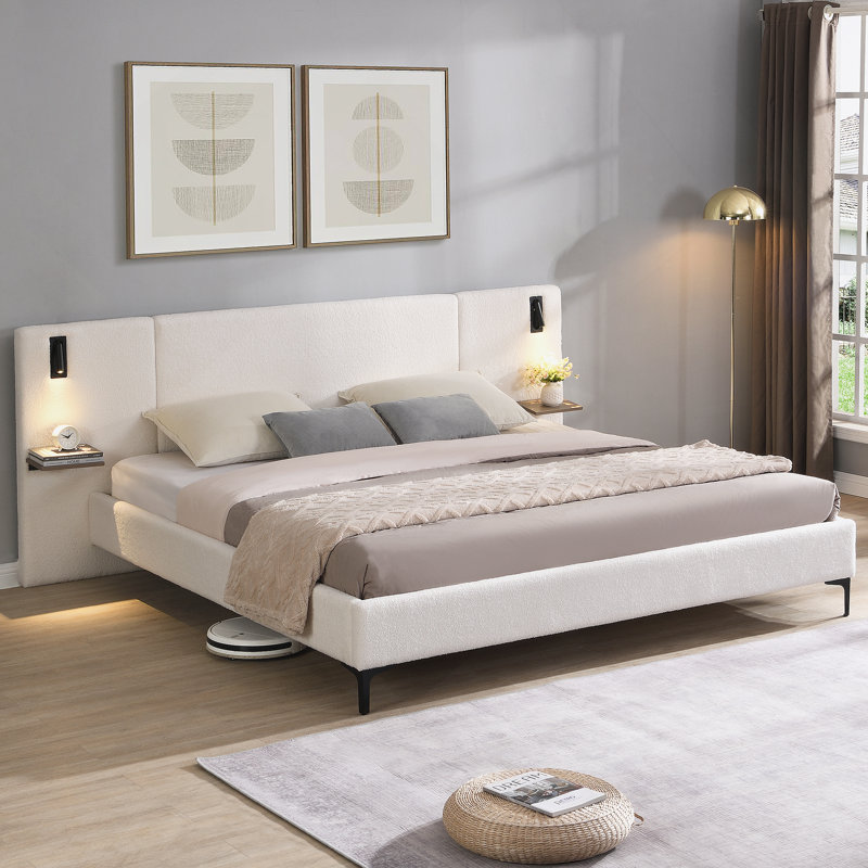 Lit rembourré sophistiqué Boucle avec lampes de lecture intégrées et étagères, idéal pour une configuration de chambre confortable et pratique