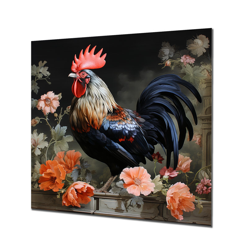 Coq rétro dans un jardin de fleurs, H 16 po x l 16 po
